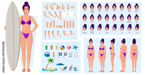 Woman Wearing Bikini Character creation and Animation Pack, lip sync, side, front and back view with Accessories summer Vector Illustration