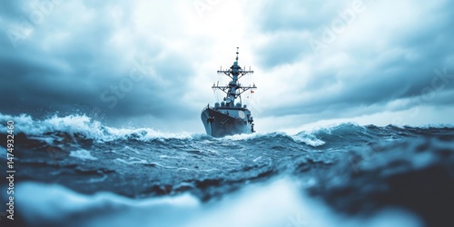 Majestic u.s. naval ship navigating through stormy seas under dramatic skies