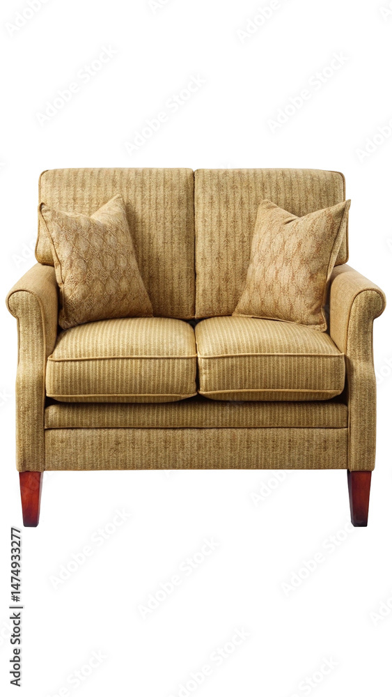 Fototapeta premium Elegant love seat sofa with textured fabric upholstery and decorative pillows