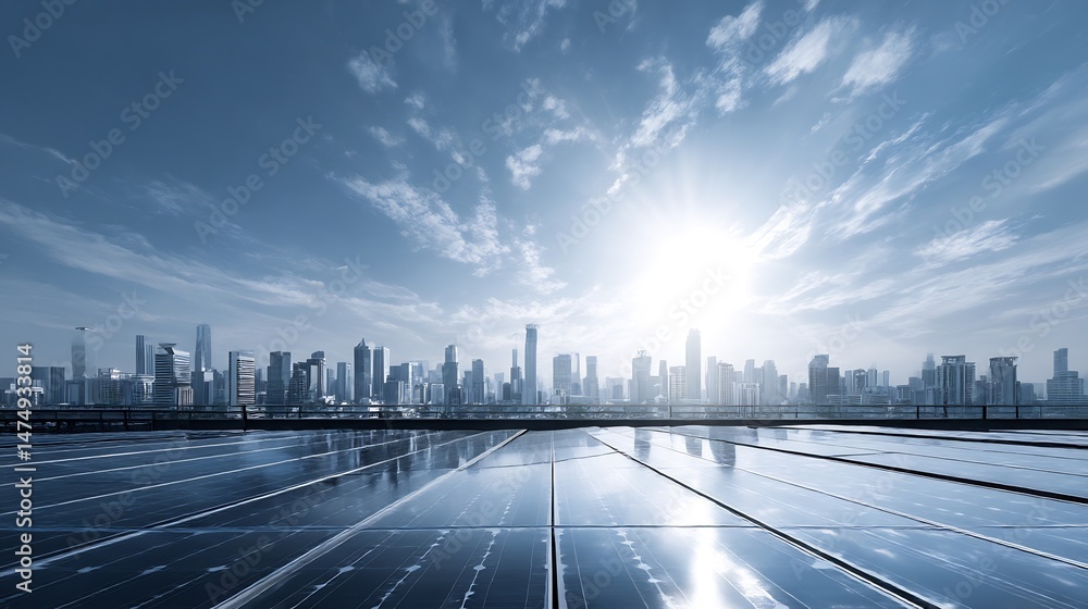 Obraz premium Urban sustainability panorama with skyline reflected in solar panel array