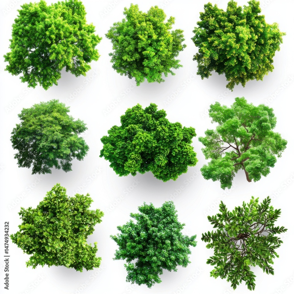 Fototapeta premium Nine Lush Green Trees Viewed from Above on White Background for Architectural Visualization and Design