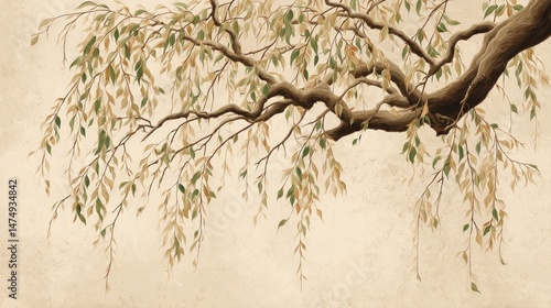 Autumnal willow branch, delicate and serene