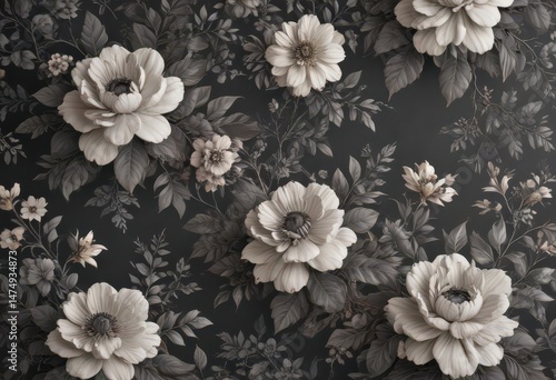 Subtle charcoal floral wallpaper, delicate blooms & vintage foliage pattern ,  graphic,  wallcovering,  elegant