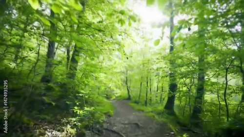 Lush green forest path through trees.