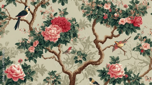 Floral and bird pattern with lush branches and vibrant blooms
