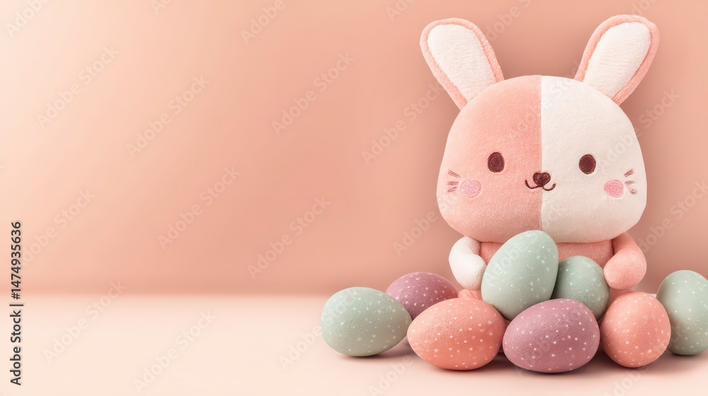 Fototapeta premium Cute Bunny Plush Toy Hugging Pastel Easter Eggs