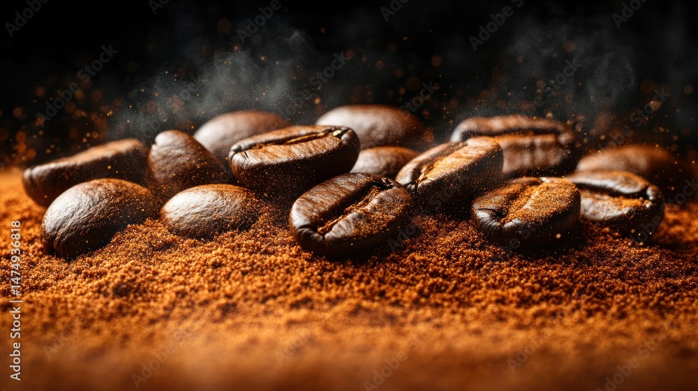 Roasted coffee beans and grounds. Steam rising Roasted coffee beans and grounds. Steam rising