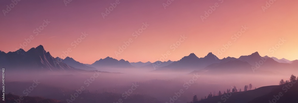 Obraz premium Misty mountains, ombre sunset sky, gradient colors, background, outdoor, sunset
