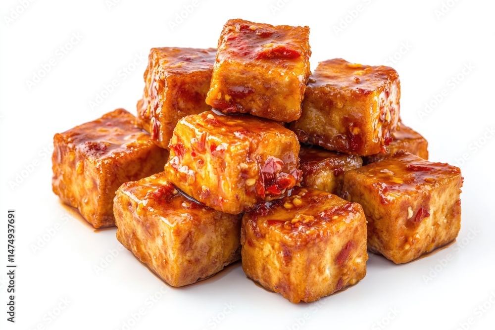 Spicy Tofu Cubes in Red Sauce, Close-up Studio Shot, Delicious Asian Food Spicy Tofu Cubes in Red Sauce, Close-up Studio Shot, Delicious Asian Food