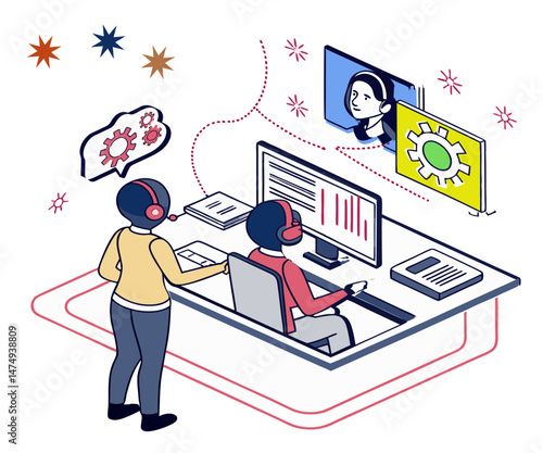 Call center set. Characters using artificial intelligence generative tools for communication. Helpdesk, hotline, customer support service concept. Vector illustration