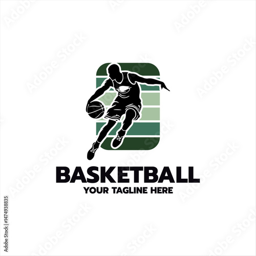 Basketball tournament logo. Silhouette of basketball player jump for the slam dunk isolated