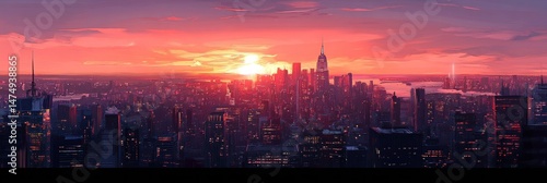 Vibrant sunset painting above the skyline of a bustling metropolis