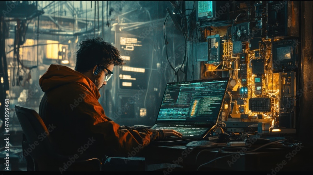 Cyberpunk coder immersed in digital matrix working on complex algorithms Cyberpunk coder immersed in digital matrix working on complex algorithms