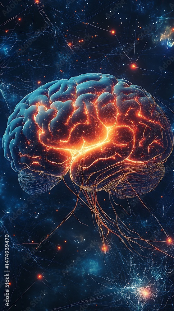 Brain illustration with glowing neural network in a cosmic background