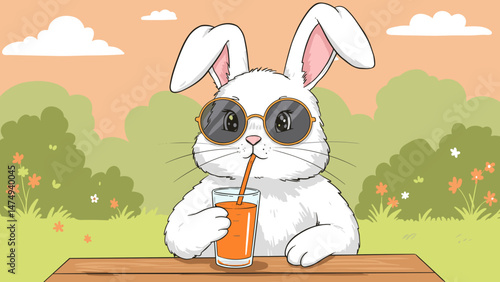 Charming rabbit wearing sunglasses sipping orange juice in sunny garden