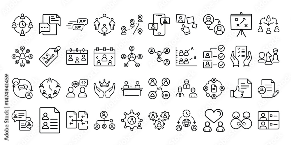 Successful business collaboration thin line icon set. Containing teamwork, cooperation, team working together, agreement, handshake, support, help, group people, partnership, organization. Vector Successful business collaboration thin line icon set. Containing teamwork, cooperation, team working together, agreement, handshake, support, help, group people, partnership, organization. Vector