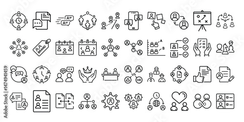Successful business collaboration thin line icon set. Containing teamwork, cooperation, team working together, agreement, handshake, support, help, group people, partnership, organization. Vector