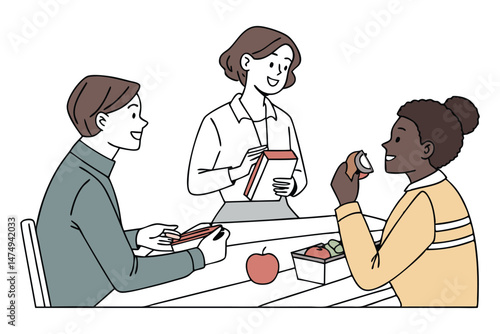 office Colleagues have lunch together, communicate, 
sit at the table, eating sandwiches, apples, flat vector illustration