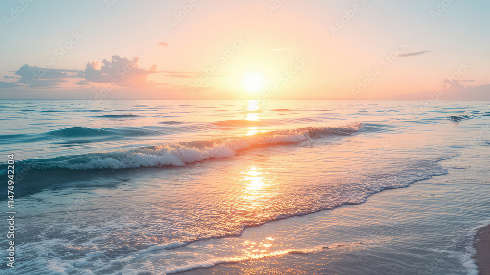 Fototapeta premium Sunrise over calm ocean waves on sandy beach.