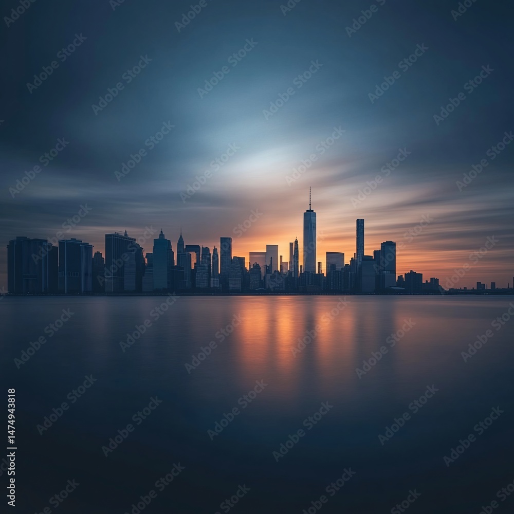 Fototapeta premium City skyline at sunrise over water