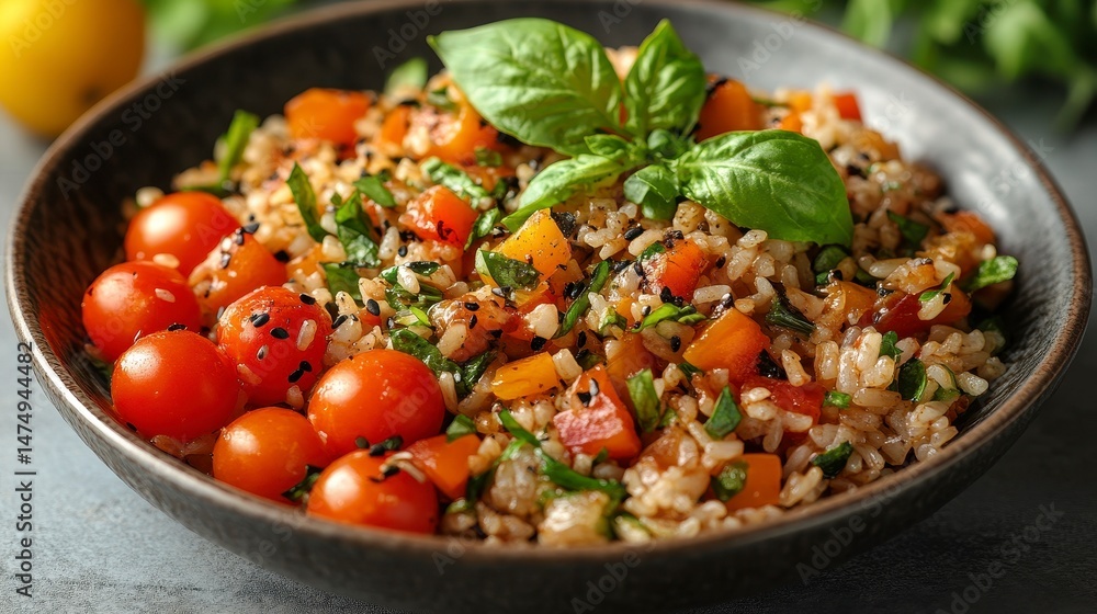 Rice bowl with tomatoes, basil, and herbs in a dark bowl Rice bowl with tomatoes, basil, and herbs in a dark bowl