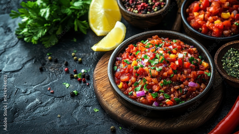 Salsa with lemons, peppers, and spices presented on a dark countertop Salsa with lemons, peppers, and spices presented on a dark countertop