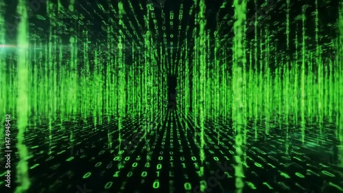 Digital matrix tunnel of green binary code.