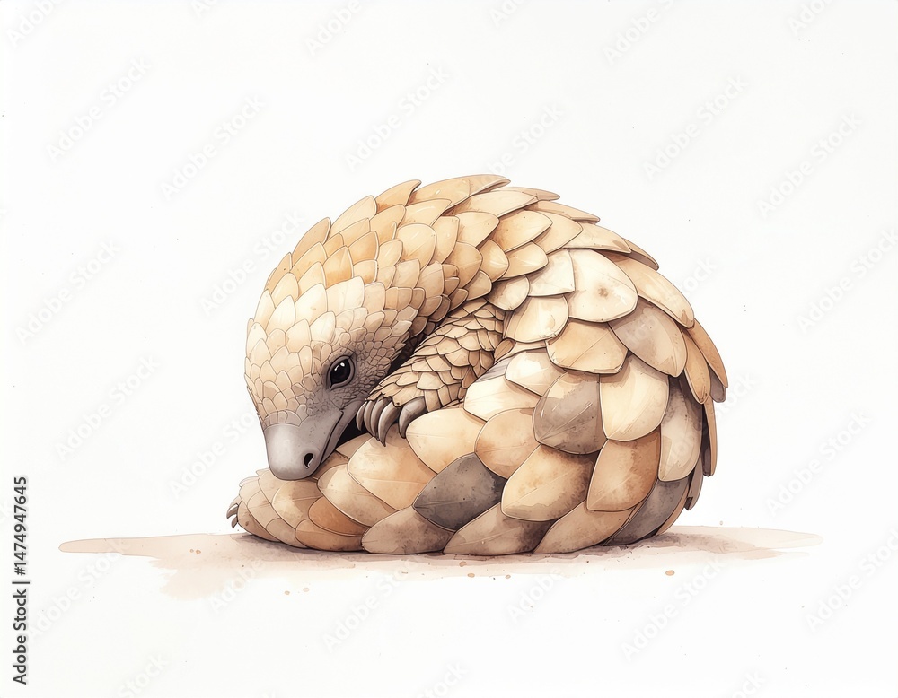 Obraz premium Pangolin in a protective curl: An up-close portrayal of a pangolin in a defensive posture, showcasing the intricate scales and unique form of this remarkable creature.