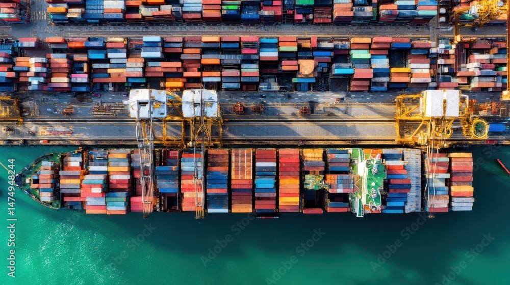 Obraz premium High-angle view of a cargo ship laden with containers at a port terminal.