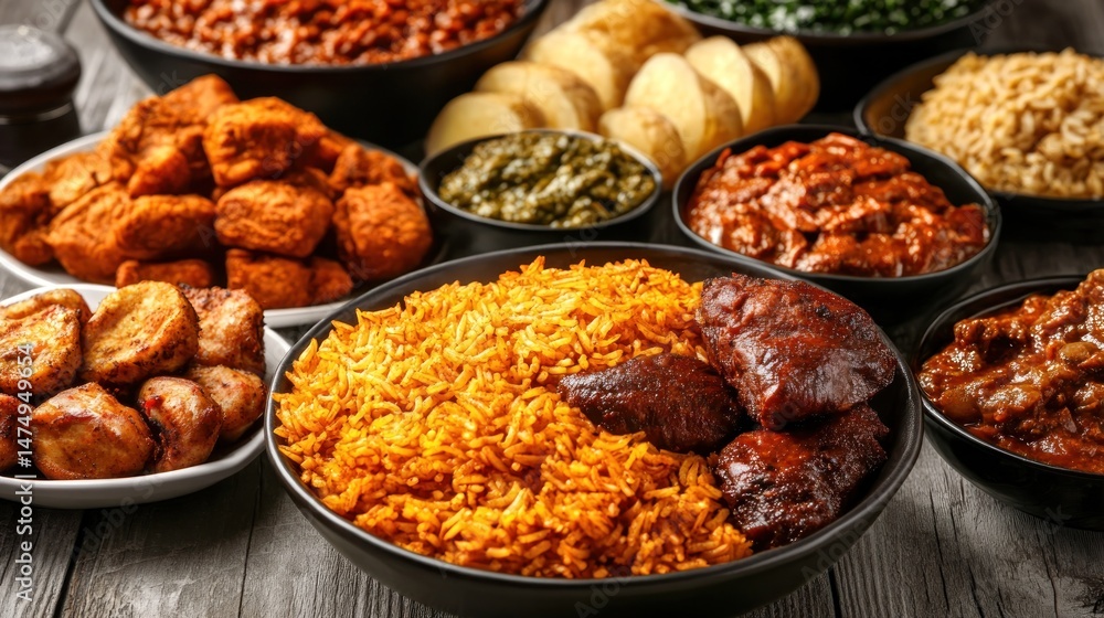 Obraz premium A Delicious Spread of Nigerian Cuisine: Jollof Rice, Plantain, and More