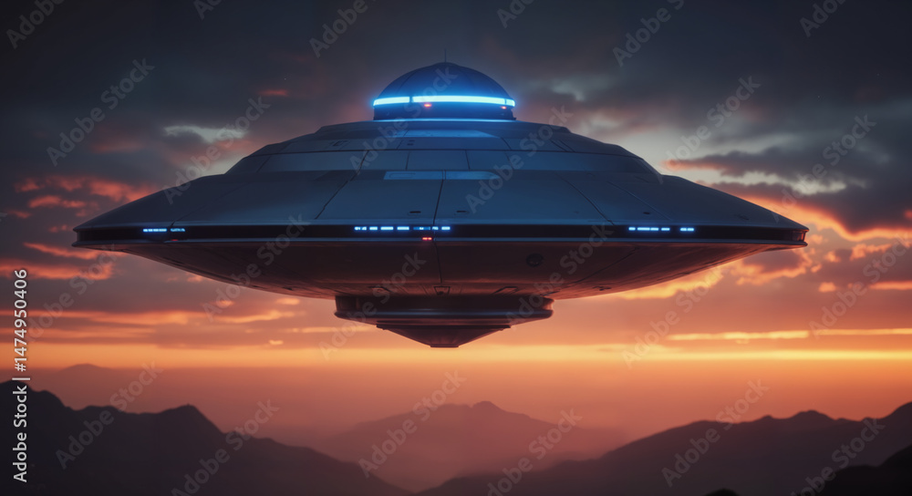 Classic Flying Saucer UFO – Metallic Disc with Blue Illumination Hovering Above Mountain Sunset for UFO Sighting Illustration and World UFO Day Content Classic Flying Saucer UFO – Metallic Disc with Blue Illumination Hovering Above Mountain Sunset for UFO Sighting Illustration and World UFO Day Content