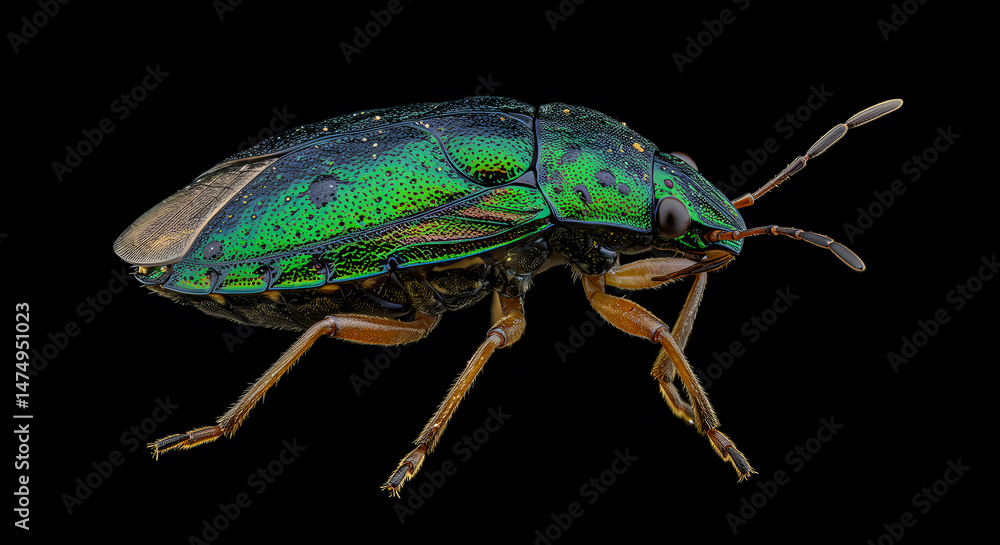 Naklejka premium Magnificent Emerald Green Shield Bug: A Close-Up Macro Photography