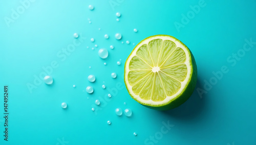 Fresh lime slice with water droplets on a vibrant teal background overhead view