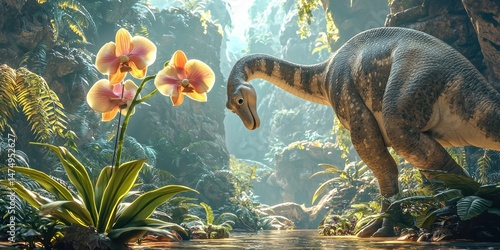 Brachiosaurus lowering its neck to smell a giant cartoon orchid, tiny flower wagging back and forth.