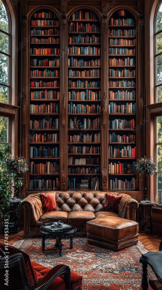 Luxurious home library with rich wood bookshelves and leather seating Luxurious home library with rich wood bookshelves and leather seating