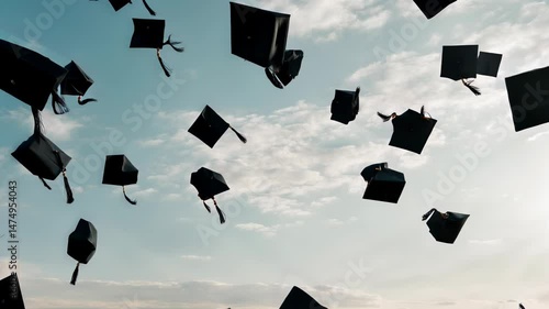 Caps being thrown into the sky during a graduation ceremony under a blue sky with clouds
