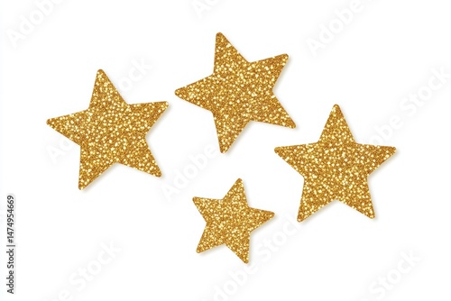 Four gold glitter stars against a white background.  Each star is outlined and filled with a glittery texture