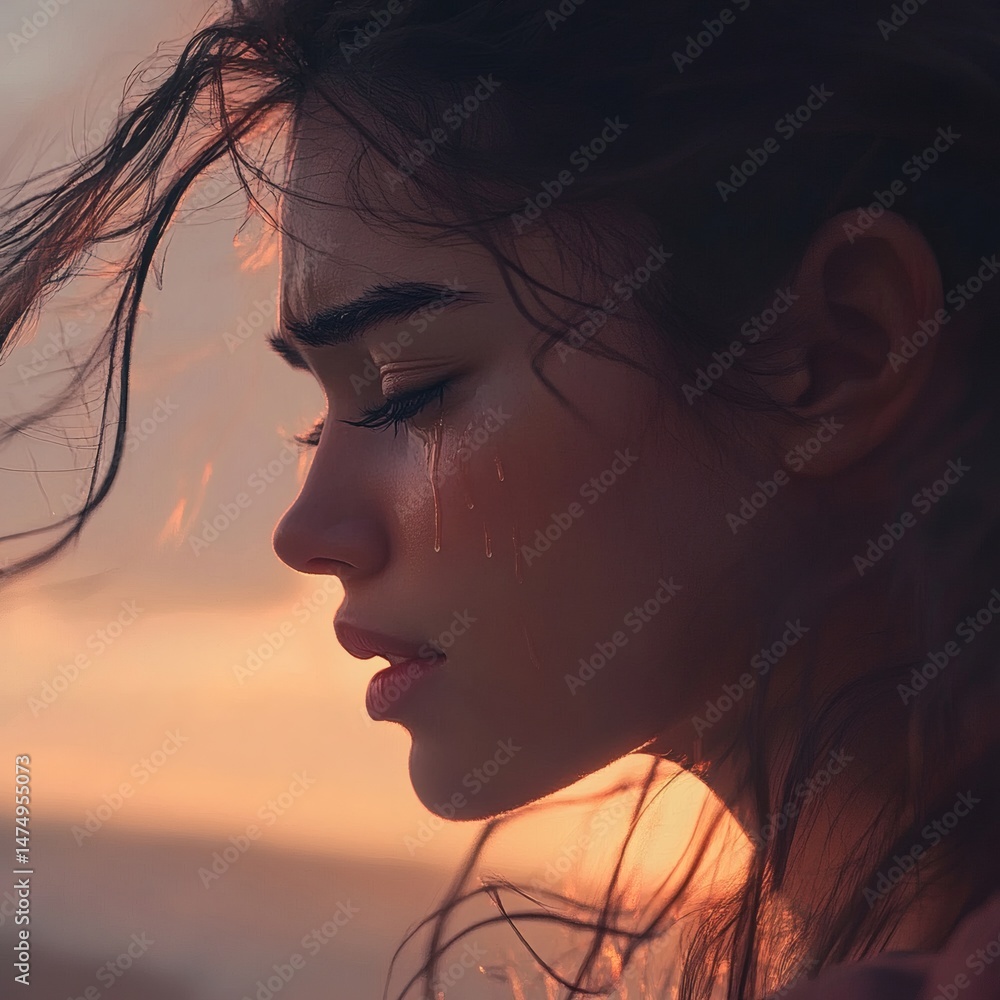 Naklejka premium Close-up profile portrait of a crying woman with tears streaming down her face during a warm, golden sunset hour
