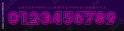 Neon retro alphabet, bold outline layered numbers and letters, striped club alphabet, synthwave logo font, nightlife headline, glowing music event typography, linear electric type. Vector typeset.