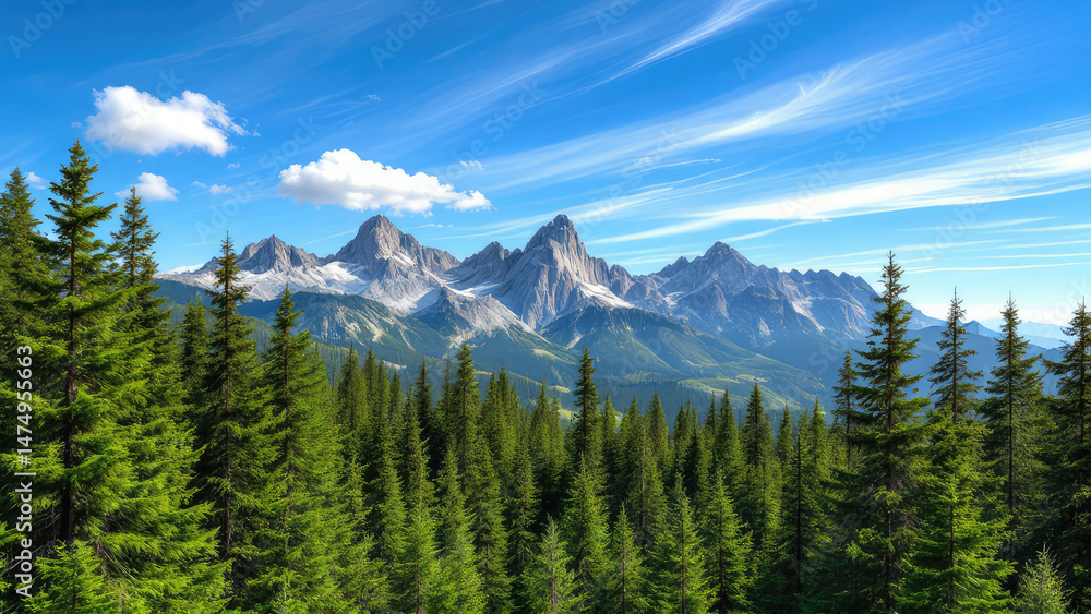Fototapeta premium Majestic mountain range viewed through a lush evergreen forest.