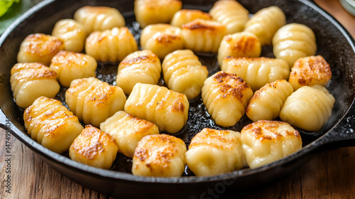 Panfried gnocchi bakes golden in skillet rustic wooden surface food