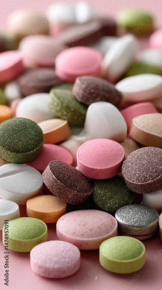 Obraz premium Colorful array of pills and oval tablets in various hues spread across a pink background offers vibrant visual appeal with copy space