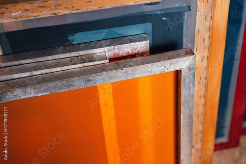 silk screen mesh screen frames. silk screen textile printery. manual screen printing