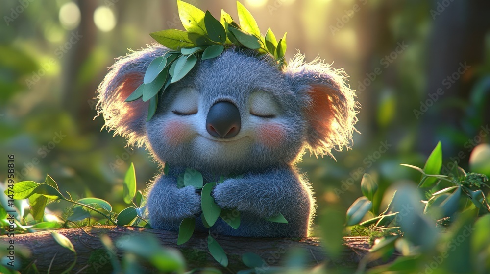 Fototapeta premium Serene koala bear wearing leaf crown, sitting amidst lush green foliage in sunlit forest.