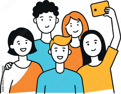 Group of young friends taking a selfie together doodle style vector illustration