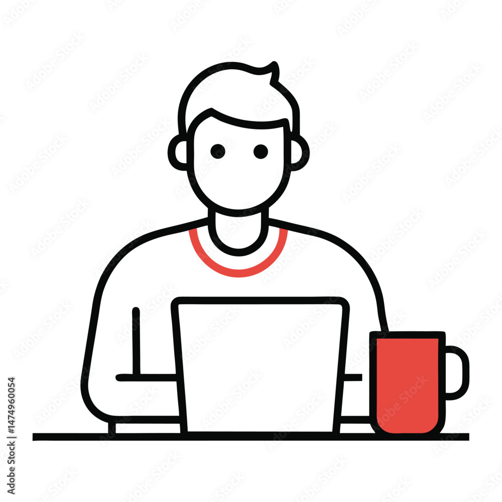 Minimalist illustration of person working on laptop with coffee cup design Minimalist illustration of person working on laptop with coffee cup design