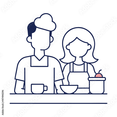 Couple cooking together at home outline style minimalist illustration