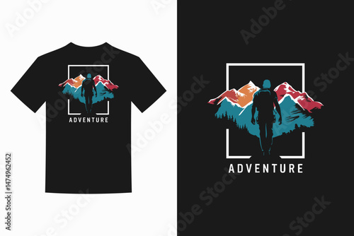 Black tshirt with a design of a man walking towards mountains