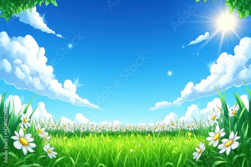 Sunny meadow with daisies under a vibrant blue sky. Lush green grass dotted with white daisies fills the foreground, leading to a beautiful blue sky with fluffy white clouds. 