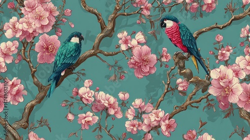 Floral birds pattern, teal backdrop